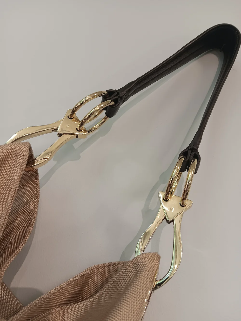 JPK Paris 75 Tan/Gold Nylon Hobo Shoulder Bag Gold Hardware Signature Hooks